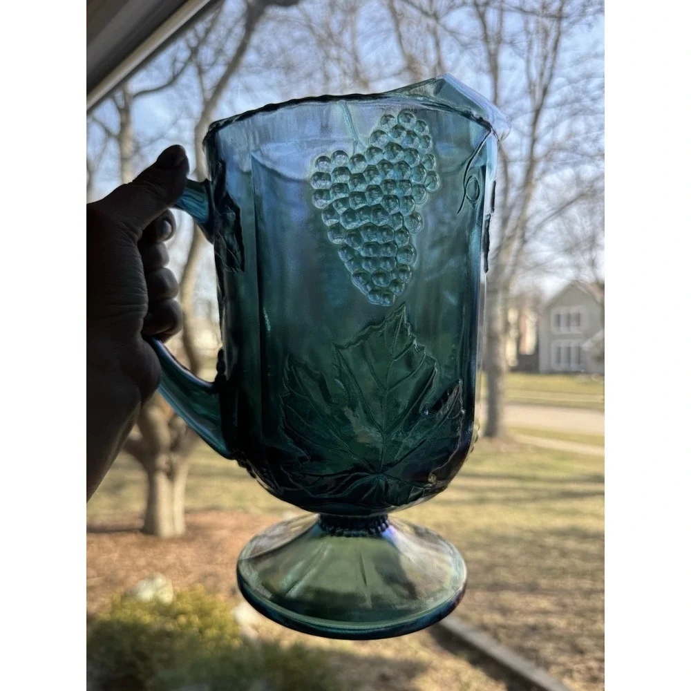 Vintage Indiana Glass Blue Carnival Harvest‎ Grape Water Pitcher Iridescent MCM